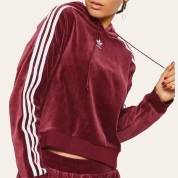 adidas Originals Cropped Velour Hoodie in Maroon/Burgundy Sz S - Picture 2 of 12